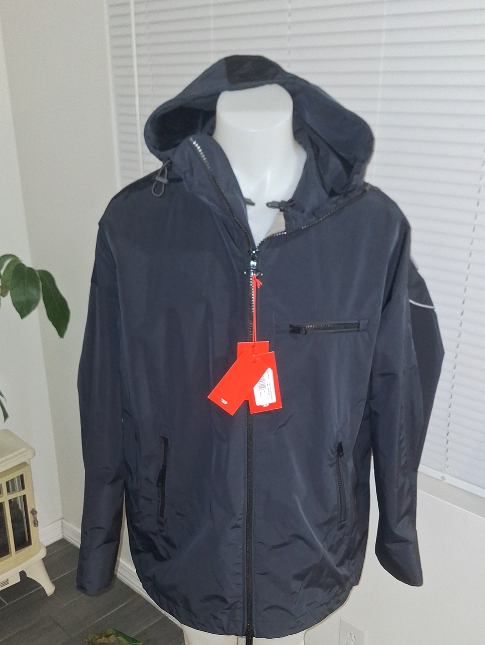 Diesel Men's Hooded Raincoat in Navy with Red Tag